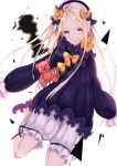 1girl abigail_williams_(fate/grand_order) bangs black_hat blonde_hair bloomers blue_eyes blush bow butterfly closed_mouth commentary_request dress fate/grand_order fate_(series) hair_bow hands_in_sleeves hat head_tilt highres long_hair long_sleeves looking_at_viewer orange_bow parted_bangs polka_dot polka_dot_bow purple_bow purple_dress solo stuffed_animal stuffed_toy teddy_bear underwear wankoo-mikami white_background white_bloomers 
