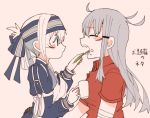  2girls ainu_clothes belt black_gloves blue_hair blush brown_gloves brushing_teeth closed_eyes commentary_request cup dress gangut_(kantai_collection) gloves grey_hair hair_between_eyes hair_ornament hairclip headband heart hug itomugi-kun jacket jacket_on_shoulders kamoi_(kantai_collection) kantai_collection long_hair looking_at_another multicolored_hair multiple_girls no_hat no_headwear open_mouth ponytail red_shirt remodel_(kantai_collection) scar scar_on_cheek shirt silver_hair simple_background toothbrush translation_request white_hair yuri 