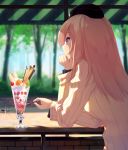  1girl arm_support blonde_hair blue_eyes casual cherry day eyebrows_visible_through_hair food forest from_side fruit garrison_cap girls_und_panzer glint hand_on_own_chin hat head_rest holding holding_spoon ice_cream itsumi_erika kongeraatio long_hair long_sleeves looking_afar nature outdoors profile shade solo spoon strawberry sundae sunlight sweater table tree upper_body white_sweater 