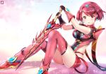  1girl breasts chinchongcha earrings fingerless_gloves gloves highres pyra_(xenoblade) impossible_clothes jewelry large_breasts leotard looking_at_viewer open_mouth petals red_eyes redhead short_hair short_shorts shorts sitting solo sword thigh-highs tiara weapon white_background xenoblade_2 