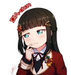  1girl bangs blazer blunt_bangs blush brown_hair character_name closed_mouth collared_shirt dress_shirt eyebrows_visible_through_hair frown green_eyes hair_ornament hairclip half_updo head_tilt jacket kurosawa_dia langbazi long_sleeves looking_away love_live! love_live!_sunshine!! mole mole_under_mouth neck_ribbon red_ribbon ribbon school_uniform shirt signature solo white_background white_shirt wing_collar 