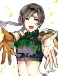  1girl artist_name black_hair crop_top female final_fantasy final_fantasy_vii gloves green_eyes happy headband looking_at_viewer midriff open_mouth outstretched_arms short_hair single_glove solo tama_(tmfy5) upper_body white_background yuffie_kisaragi 
