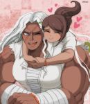  2girls :&gt; asahina_aoi bandage blanko! blue_eyes brown_hair dangan_ronpa dangan_ronpa_1 dark_skin heart highres hug hug_from_behind long_hair multiple_girls muscle muscular_female one_eye_closed oogami_sakura open_mouth ponytail scar smile white_hair 