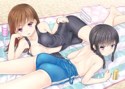  2girls barefoot black_hair black_swimsuit blue_eyes blue_swimsuit blush bracelet braid breasts brown_eyes brown_hair commentary_request gotou_hisashi jewelry kantai_collection kitakami_(kantai_collection) long_hair medium_breasts multiple_girls ooi_(kantai_collection) single_braid swimsuit towel zipper 