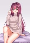 1girl :d bresh dress fate/grand_order fate_(series) highres katou_shinobu long_hair open_mouth purple_hair red_eyes scathach_(fate/grand_order) sitting smile solo sweater sweater_dress