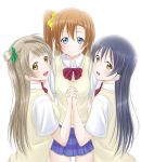  3girls bangs blue_eyes blue_hair blush bow bowtie commentary_request green_ribbon grey_hair hair_between_eyes hair_ribbon hand_holding interlocked_fingers kousaka_honoka long_hair looking_at_viewer love_live! love_live!_school_idol_project minami_kotori multiple_girls one_side_up orange_hair otonokizaka_school_uniform pleated_skirt red_neckwear ribbon roaru_(gyuren) school_uniform short_sleeves simple_background skirt smile sonoda_umi striped_neckwear vest white_background yellow_eyes yellow_ribbon 