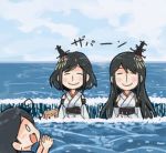  4girls ahoge blue_sky closed_eyes clouds comic commentary_request detached_sleeves fusou_(kantai_collection) hair_ornament hands_together japanese_clothes kantai_collection long_hair long_sleeves michishio_(kantai_collection) multiple_girls nontraditional_miko obi ocean open_mouth otoufu sash short_hair sidelocks sky smile surprised translation_request ushio_(kantai_collection) whirlpool wide_sleeves yamashiro_(kantai_collection) 
