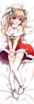  1girl :d ahoge bangs bare_shoulders bell blush bow breasts christmas commentary_request dakimakura dress dress_tug eyes_visible_through_hair full_body fur-trimmed_dress fur_collar fur_trim garter_straps hair_between_eyes hair_bow hair_ribbon halterneck heart long_hair looking_at_viewer lying no_shoes off-shoulder_dress off_shoulder on_back open_mouth red_dress revision ribbon shirt small_breasts smile solo thigh-highs two_side_up v_arms vauquelin_(zhan_jian_shao_nyu) violet_eyes white_legwear white_shirt wristband xia_xiang_(ozicha) zhan_jian_shao_nyu 