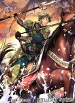  1boy armor armored_boots boots company_name dragon faceless faceless_male fangs fire_emblem fire_emblem:_seima_no_kouseki fire_emblem_cipher gloves green_eyes green_hair horse kyle_(fire_emblem) male_focus nagahama_megumi official_art open_mouth polearm sky solo spear teeth water weapon wings 