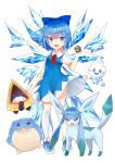  1girl :d absurdres blue_bow blue_dress blue_eyes blue_hair bow character_request cirno dress full_body glaceon hair_bow highres holding holding_poke_ball kneehighs looking_at_viewer neck_ribbon open_mouth poke_ball pokemon red_ribbon ribbon sakipsakip short_dress short_hair short_sleeves simple_background smile snorunt spheal standing touhou white_background white_legwear 