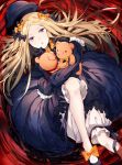  1girl :o abigail_williams_(fate/grand_order) bangs black_bow black_dress black_footwear black_hat blonde_hair bloomers blue_eyes bow butterfly commentary_request dress eyebrows_visible_through_hair fate/grand_order fate_(series) hair_bow hands_in_sleeves hat highres hizuki_miya long_hair long_sleeves looking_at_viewer lying object_hug on_back orange_bow parted_bangs parted_lips polka_dot polka_dot_bow rope shoes solo stuffed_animal stuffed_toy teddy_bear underwear very_long_hair white_bloomers 