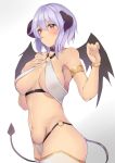  1girl ashino bangs bikini blush breasts brown_eyes demon_horns demon_tail demon_wings eyebrows_visible_through_hair from_side gradient gradient_background halter_top halterneck hands_up highres horns large_breasts navel o-ring_top original parted_lips purple_hair short_hair sidelocks solo swimsuit tail tareme thigh-highs thighs white_bikini white_legwear wings 