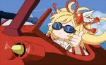  1girl aircraft airplane blonde_hair botamochi_(exwelder) clouds detached_sleeves goggles granblue_fantasy hair_ornament kurenai_no_buta makira_(granblue_fantasy) outdoors savoia_s.21 thumbs_up 