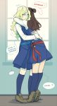  2girls ?? blonde_hair blue_eyes blush brown_hair commentary diana_cavendish english hug kagari_atsuko little_witch_academia long_hair luna_nova_school_uniform multiple_girls mutual_hug open_mouth school_uniform spoken_flying_sweatdrops ticcy tiptoes witch yuri 