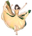 1girl :d armpits arms_up bare_arms bare_shoulders barefoot brown_hair dancing dress full_body half-closed_eyes long_dress open_mouth original short_hair signature simple_background smile solo standing umishima_senbon white_background yellow_dress 