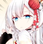  1girl azur_lane bangs black_gloves blue_eyes close-up commentary_request emphasis_lines eyebrows_visible_through_hair fingerless_gloves floral_print gloves hair_between_eyes hair_ornament highres japanese_clothes kimono long_hair looking_at_viewer mole mole_under_eye oouso parted_lips shoukaku_(azur_lane) silver_hair solo thumbs_up tsumami_kanzashi white_hair 