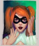  1girl artist_name batman_(series) black_nails blue_nails dc_comics face harley_quinn lips lipstick looking_at_viewer makeup nail_polish open_mouth orange_hair peter_xiao red_nails solo twintails upper_body violet_eyes 