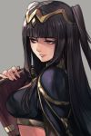  1girl black_hair bodysuit book bracelet cape circlet fire_emblem fire_emblem:_kakusei hankuri jewelry long_hair simple_background solo tharja tiara two_side_up 