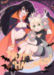  1boy 1girl absurdres ahoge animal_ears bandage bandaged_arm bell bell_choker black_hair blonde_hair cape choker fangs gloves green_eyes halloween_costume highres laphicet_(tales) long_hair open_mouth paw_gloves paws sayame short_hair tail tales_of_(series) tales_of_berseria velvet_crowe yellow_eyes 