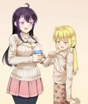  2girls ahoge beifeng_han black_hair black_legwear blonde_hair breast_envy breasts brown_eyes cleavage_cutout clothes_tug cup cyou_shigen fang hair_between_eyes highres holding holding_cup large_breasts long_hair low-tied_long_hair meme_attire miyaura_sanshio multiple_girls open-chest_sweater original pantyhose pink_skirt pleated_skirt ribbed_sweater simple_background skirt sweater sweater_tug violet_eyes virgin_killer_sweater white_background 