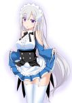  1girl alternate_costume apron black_ribbon blue_skirt blush emilia_(re:zero) enmaided eyebrows_visible_through_hair floating_hair frilled_apron frills garter_straps headdress long_hair maid minato_yoshihiro miniskirt neck_ribbon open_mouth pleated_skirt re:zero_kara_hajimeru_isekai_seikatsu ribbon shirt silver_hair skirt skirt_hold solo standing thigh-highs very_long_hair violet_eyes white_apron white_background white_legwear white_shirt 