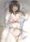  1girl araido_kagiri bangs bare_shoulders blanket blush bra breasts brown_hair cellphone cowboy_shot eyebrows_visible_through_hair fang from_above hair_between_eyes hands_up long_hair long_sleeves looking_to_the_side lying medium_breasts on_back on_bed open_mouth original pajamas panties phone pillow pink_bra pink_panties see-through sleeves_past_wrists smartphone solo underwear yellow_eyes 