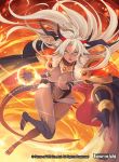  1girl bodysuit breasts cape center_opening copyright_name dark_skin facial_mark fire force_of_will forehead_mark glowing glowing_eyes horns large_breasts long_hair nail_polish navel official_art open_mouth pointy_ears red_eyes solo teeth thigh-highs white_hair yuko_(uc_yuk) 