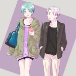2others androgynous aqua_eyes aqua_hair artist_request blazer cairngorm_(houseki_no_kuni) cellphone coat collarbone hood houseki_no_kuni humanization jacket looking_at_another open_clothes open_coat open_mouth phone phosphophyllite short_hair smartphone thighs walking wavy_mouth white_hair