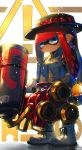  ! 1girl bangs black_hat black_legwear blue_eyes blunt_bangs bow buckle chromatic_aberration closed_mouth commentary domino_mask expressionless grey_jacket gun hat hat_bow highres hime_cut holding holding_gun holding_weapon hydra_splatling_(splatoon) ink_tank_(splatoon) inkling jacket kashu_(hizake) laces long_hair looking_at_viewer mask monster_girl pointy_ears polka_dot polka_dot_bow red_bow redhead side_glance signature solo splatoon splatoon_2 standing tentacle_hair weapon white_background white_footwear zipper zipper_pull_tab 