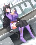  1girl animal_ears background belt black_hair boots breasts bridge cat_ears cat_tail clouds cloudy_sky cup final_fantasy final_fantasy_xiv fire highres huge_breasts landscape long_hair miqo&#039;te mountain mug outdoors pouch ribbed_sweater scenery sitting sky snow snowing solo sweater tail thigh-highs violet_eyes wsyl_(artist) zettai_ryouiki 
