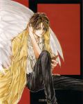  angel_sanctuary bent_knees brown_hair kira_sakuya short_hair sitting suspenders wings yuki_kaori 