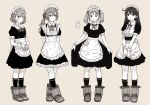  4girls ahoge akebono_(kantai_collection) anchor_print apron arms_behind_back bandaid bandaid_on_face bangs bell boots bow breasts dress flower frilled_dress frills gufu6 hair_bell hair_bobbles hair_flower hair_ornament hairband hands_together jingle_bell kantai_collection large_breasts long_hair looking_at_viewer maid maid_apron maid_headdress multiple_girls oboro_(kantai_collection) open_mouth puffy_short_sleeves puffy_sleeves rabbit sazanami_(kantai_collection) short_hair short_sleeves side_ponytail skirt_hold smile socks tan_background twintails ushio_(kantai_collection) wrist_cuffs 