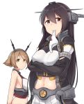  2girls absurdres bare_arms black_hair black_jacket breasts brown_eyes brown_hair collar eyebrows_visible_through_hair flipped_hair green_eyes headgear highres jacket kantai_collection kiritto large_breasts looking_at_another looking_at_viewer metal_collar mouth_hold multiple_girls mutsu_(kantai_collection) nagato_(kantai_collection) navel panties panties_in_mouth pleated_skirt remodel_(kantai_collection) sideboob simple_background skirt underwear upper_body white_background white_panties white_skirt 