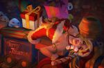  1girl absurdres alternate_costume alternate_hair_color alternate_hairstyle ambitious_elf_jinx blonde_hair candy candy_cane christmas food gift hat highres jinx_(league_of_legends) league_of_legends looking_at_viewer lying monori_rogue naughty_face on_back santa_hat solo tongue tongue_out 
