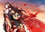  1girl aircraft airplane akagi_(azur_lane) animal_ears arm_at_side azur_lane bangs bare_shoulders black_hair breasts brown_hair choker cleavage clouds cloudy_sky collarbone dusk eyebrows_visible_through_hair floral_print fox_ears fox_tail from_below from_side fudo_shin hair_between_eyes hair_ornament hand_to_own_face highres japanese_clothes kimono large_breasts long_hair looking_at_viewer obi rigging sash sky smile solo standing tail very_long_hair 