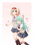  2girls :o ^_^ alice_margatroid alternate_costume blonde_hair blush closed_eyes collared_shirt frog green_hair hair_ornament heart hug hug_from_behind kneehighs kochiya_sanae loafers long_hair miniskirt miyo_(miyomiyo01) multiple_girls necktie pleated_skirt school_uniform shirt shoes short_hair skirt snake_hair_ornament socks touhou very_long_hair yuri 