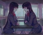  2girls bangs black_hair blue_skirt blunt_bangs bow bowtie cardigan chair chin_rest classroom closed_mouth collared_shirt desk elbows_on_table feet_out_of_frame from_side grey_eyes half-closed_eyes hand_on_own_cheek indoors long_hair long_sleeves looking_at_viewer looking_to_the_side multiple_girls original pleated_skirt red_eyes red_neckwear ryono_mizuki school_desk school_uniform shirt sitting skirt symmetry very_long_hair white_shirt wing_collar 