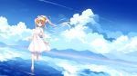  1girl air bangs bare_arms bare_shoulders barefoot bird blonde_hair blue_eyes blue_ribbon blue_sky blush clouds collarbone commentary_request condensation_trail day dress dutch_angle eyebrows_visible_through_hair hair_between_eyes hair_ribbon highres kamio_misuzu looking_at_viewer mountain ocean outdoors parted_lips ribbon sky sleeveless sleeveless_dress smile solo sundress walking walking_on_liquid water white_dress white_ribbon xia_xiang_(ozicha) 