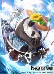 1boy butterfly_net copyright_name fish fishing_rod flower force_of_will hand_net hat leaf mayo_(becky2006) official_art panda sky solo sparkle sunflower towel water 