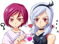  ? blush choker eas face fresh_precure! fresh_pretty_cure! futari_wa_precure_splash_star futari_wa_pretty_cure futari_wa_pretty_cure_splash_star gloves hairband heart heart_hands heart_hands_duo higashi_setsuna kiryuu_michiru multiple_girls pink_hair precure red_eyes school_uniform short_hair silver_hair umanosuke white_hair 