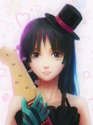  1girl akiyama_mio bangs bass_guitar black_eyes black_hair blue_eyes blunt_bangs don&#039;t_say_&quot;lazy&quot; don&#039;t_say_lazy face_paint facepaint gloves guitar hat hime_cut instrument k-on! long_hair mini_top_hat solo striped top_hat zhenlin 