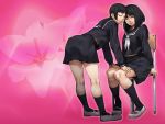  ass black_eyes black_hair cozy flower highres kneepits lily_(flower) lipstick multiple_girls school_uniform serafuku sitting uwabaki 