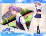  after_sweet_kiss dutch_angle glasses grass hair_ornament hairclip kishi_youko kneehighs loafers miniskirt necktie plaid plaid_skirt pleated_skirt purple_eyes purple_hair school_uniform serafuku shoes short_hair skirt socks standing sweater sweater_vest taka_tony tartan tree violet_eyes wallpaper 