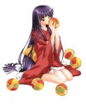  ball hair_ribbon kimono kneeling long_hair purple_hair tabi thigh-highs yellow_eyes 