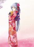  fan hair_ornament japanese_clothes kimono long_hair original sakura silver_hair smile very_long_hair yellow_eyes 