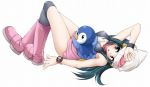  1girl blush cap endou_masatoshi green_eyes green_hair hikari_(pokemon) long_hair lying piplup pokemon pokemon_(creature) thigh-highs tongue watch 