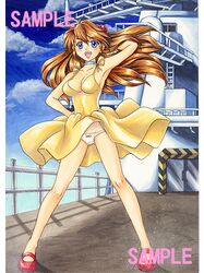  blue_eyes boat choker dress flight_deck neon_genesis_evangelion orange_hair panties pantyshot pemoko sample sky smile souryuu_asuka_langley traditional_media underwear watermark white_panties wind_lift yellow_dress 