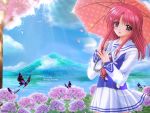  blush brown_eyes butterflies cherry_blossoms long_hair redhead scenery umbrella uniform 