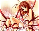  brown_hair flower hand_over_head long_hair ribbons sitting tagme thigh-highs 