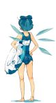 ? ass back-to-front bad_id bare_thighs barefoot blue_eyes blue_hair bow cirno from_behind hair_bow hands_on_hips innertube kawanabe oekaki one-piece_swimsuit school_swimsuit short_hair swimsuit thighs touhou wardrobe_error wings
